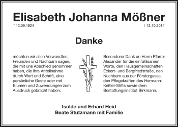 Traueranzeige von Elisabeth Johanna  Mößner von Pegnitz-Zeitung